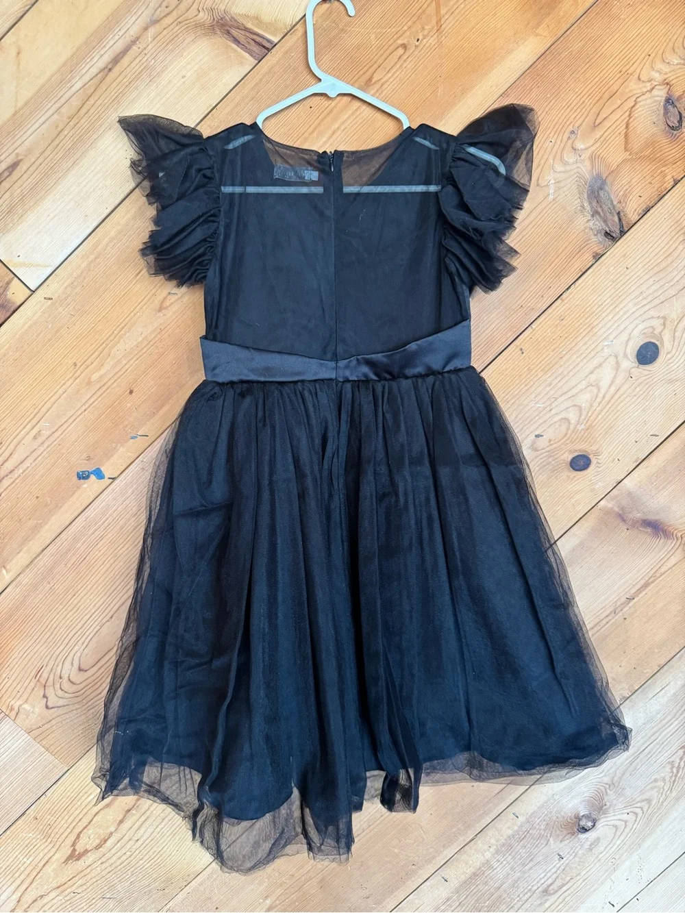 Elegant Girls' Black Tulle Dress with Ruffle Cap Sleeves